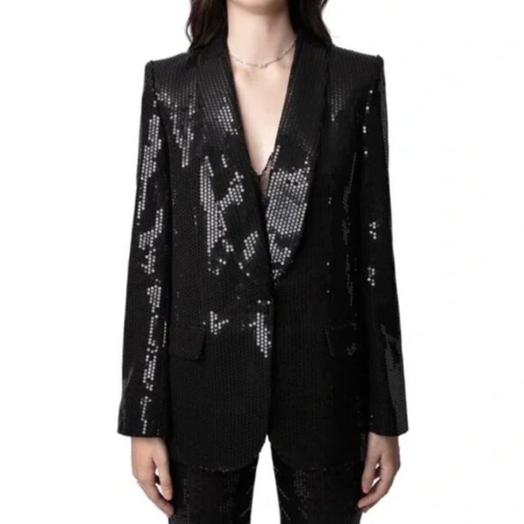 Zadig & Voltaire Vive Sequin Tuxedo Blazer Black Sparkle Jacket Womens M 38 - Picture 10 of 13